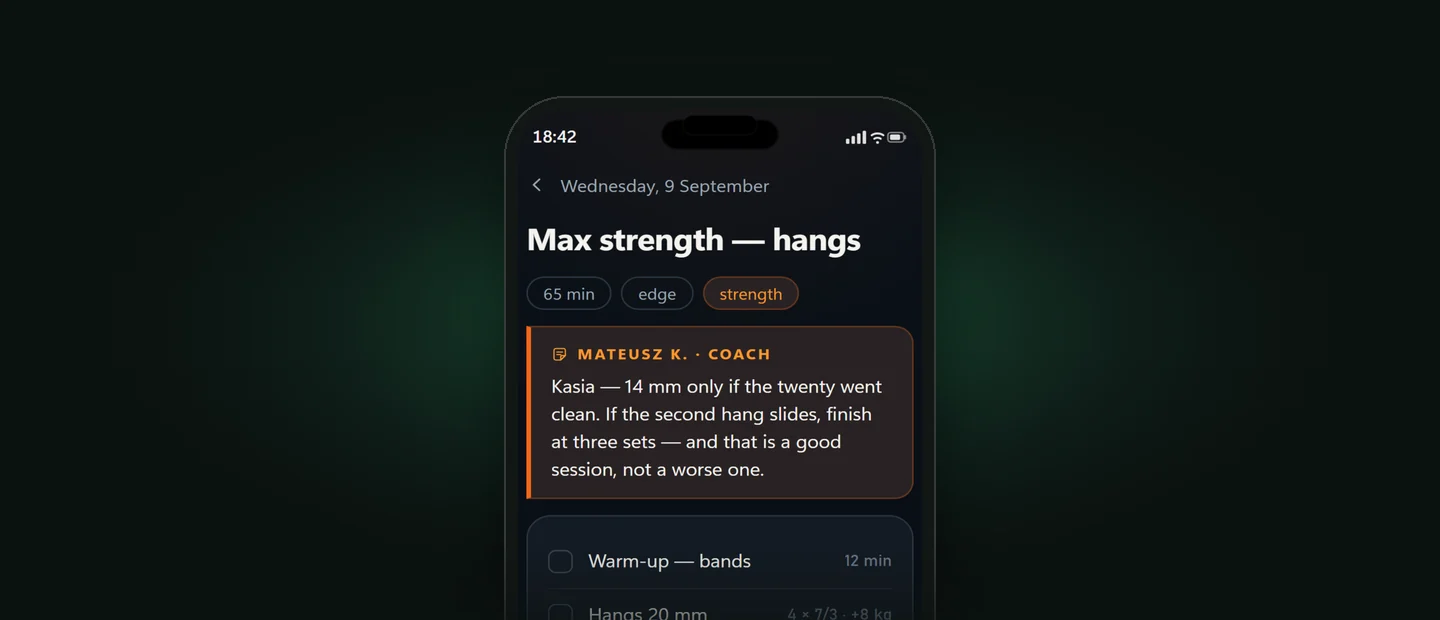 The ClimbingDad app showing a saved gym session: a weighted pull-ups row prescribing three sets of six at plus 10 kg, with the minutes it should take beside it.