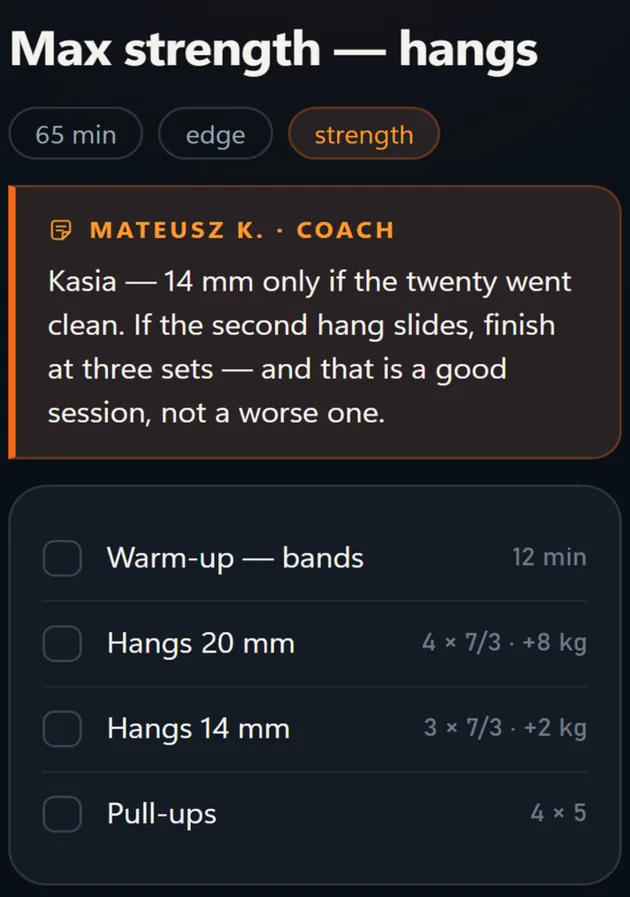 A prescribed max-strength hangboard session: four sets of 7-second hangs with 3-second rests between hangs on a 20 mm edge at plus 8 kg, then three sets on a 14 mm edge at plus 2 kg.