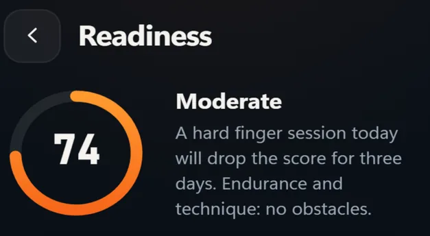 A readiness score of 74, labelled Moderate, with a note that a hard finger session today will lower the score for three days.