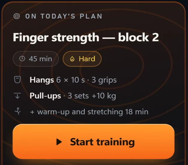 Today's session on the app home screen: Finger strength, block 2, 45 minutes, marked Hard, listing hangs 6 by 10 seconds across 3 grips and pull-ups 3 sets at plus 10 kg.